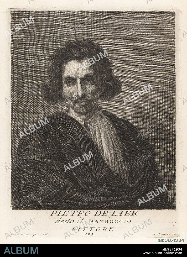 Pieter Bodding van Laer, or Pieter van Laar, Dutch painter and printmaker, 1582-1642. Active in Rome for 16 years and known for genre scenes, animal paintings and landscapes. Pietro de Laer, detto il Bamboccio, Pittore. Copperplate engraving by Francesco Maria Francia after Giovanni Domenico Campiglia after a self portrait by the artist from Francesco Moucke's Museo Florentino (Museum Florentinum), Serie di Ritratti de Pittori (Series of Portraits of Painters) stamperia Mouckiana, Florence, 1752-62.