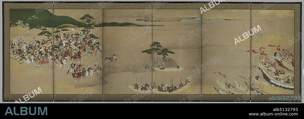 Scene from the Battle of Yashima from the Tale of the Heike, late 17thearly 18th century, Six-panel folding screen: ink, color, and gold pigments and flakes on paper, unframed: 37 7/16 × 111 1/4 in. (95.1 × 282.6 cm), This screen panel depicts the penultimate battle during the Genpei Wars (118085), when Minamoto no Yoshitsune is saved by one of his retainers, Sato Tsugunobu, who had inserted himself between an enemy arrow and his master. The valiant retainer is shown plummeting off his horse at the center of the screen. One of the central themes of the painting is the samurai codeespecially the relationship between the lord and retainerdemonstrating the concerns and ideals of the military class at a time when betrayal was a real threat. When the screen was painted, however, the peaceful Edo life rendered such relationships irrelevant, weakening the shogunates control over its vassals. In the centuries before the Edo period, Zen Buddhism and the tea protocol emphasized the bond between teacher and student, rather than the bond between lord and retainer, making both practices popular among the samurai as well as the Buddhists. , Japan, Japanese, Edo period (16151868), Paintings.