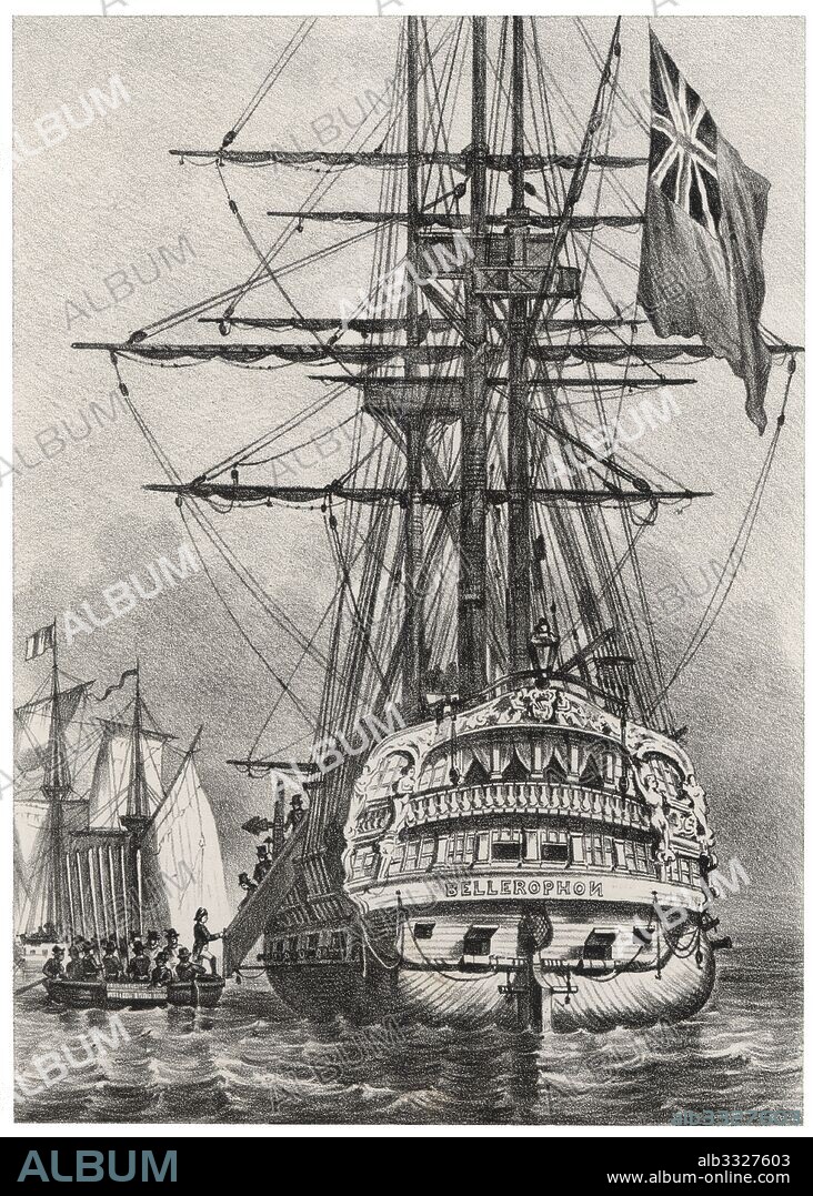 Destierro de Napoleón I Bonaparte (1769-1821), emperador de Francia, a la isla de Santa Elena en 1815. Grabado de 1880.