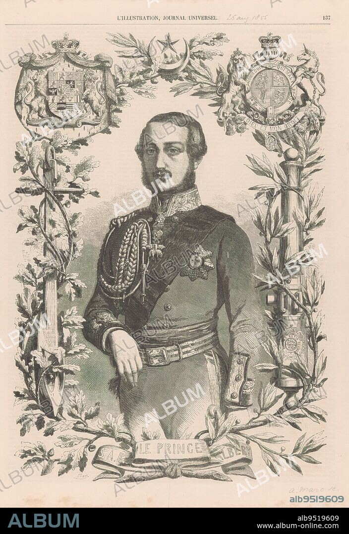 Portrait of Albert, prince of Saxe-Coburg and Gotha, Top left his coat of arms. Top right the coat of arms of Victoria, Queen of Great Britain and Ireland., print maker: Jean Auguste Marc, (mentioned on object), France, 25-Aug-1855, paper, letterpress printing, height 362 mm × width 253 mm.