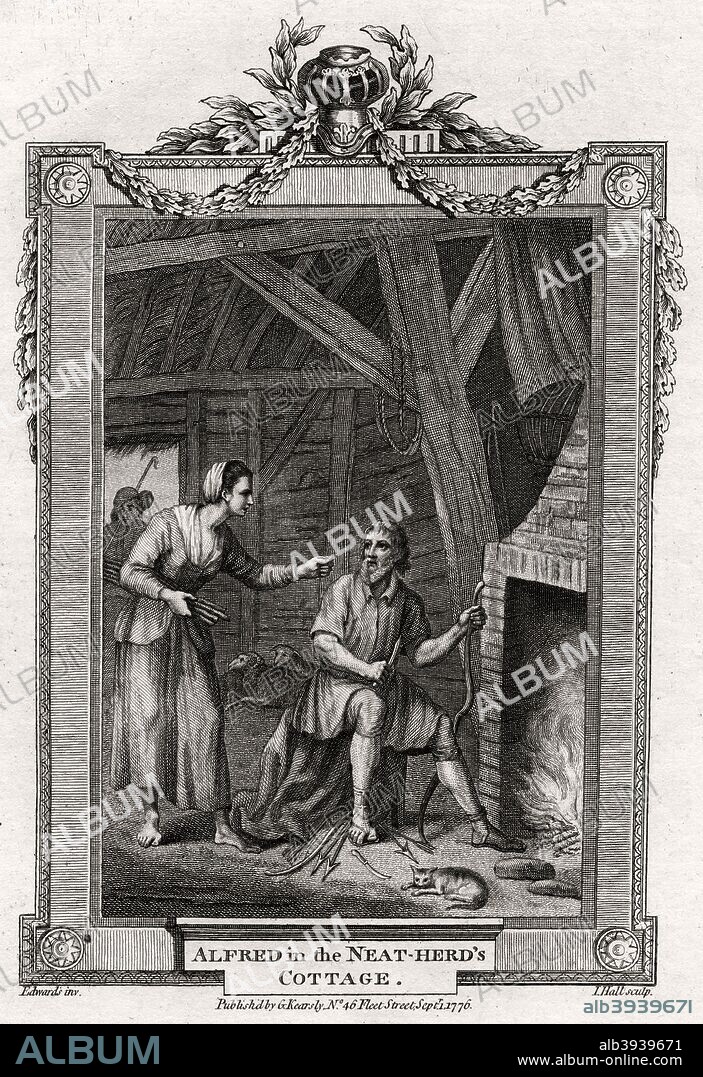 'Alfred in the Neat-Herd's Cottage', 1776. King Alfred, in disguise, is rebuked by the Neat Herd's Wife, for letting the cakes burn. Alfred the Great (849-899), Anglo-Saxon king of Wessex from 871. Much of Alfred's reign was taken up with the struggle against the Danish invaders. After Alfred defeated the Danes at Edington, Wiltshire, in 878, England was divided in half, with the south-western part in the hands of the Saxons, and the north-eastern portion, the Danelaw, administered by the Danes. War broke out again in the 890s, but by 897 the Danes had been defeated. A plate from The Copper-Plate Magazine or A Monthly Treasure, London, 1776.