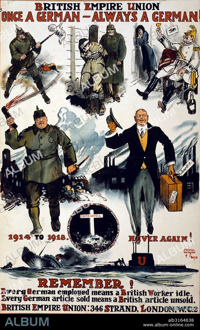 Colour lithograph, First World War propaganda poster for the British Empire Union. The poster depicts Germans behaving in a drunken manner and performing violent acts. The British Empire Union (BEU) was created in the United Kingdom during the First World War in 1916, after changing its name from the Anti-German-Union. Dated 1918.