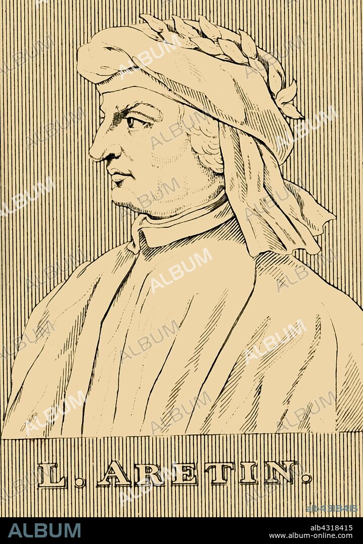 'L. Aretin', (1370-1444), 1830. Leonardo Bruni (1370-1444) Italian humanist, historian and statesman, an important humanist historian of the early Renaissance and the first to write using a three-period view of history: Antiquity, Middle Ages, and Modern.From "Biographical Illustrations", by Alfred Howard. [Thomas Tegg, R. Griffin and Co., J. Cumming, London, Glasgow and Dublin, 1830].