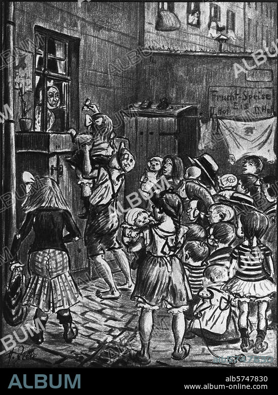Kind / Großstadtkind. "Hof-Sommer. Mutta, een Schmetterling!". (Kinder in einem Berliner Hinterhof). Nach Zeichnung von Heinrich Zille (1858-1929). Aus: Heinrich Zille, Kinder der Straße, 100 Berliner Bilder, Berlin 1908.