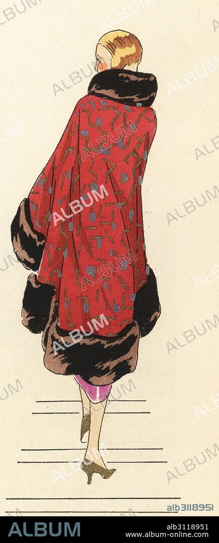 Woman in evening cloak of red and gold lame trimmed with sable. Handcolored pochoir (stencil) lithograph from the French luxury fashion magazine Art, Gout, Beaute, 1925.