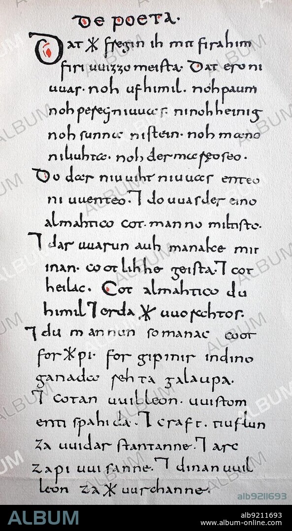 Manuscript of the Wessobrunn Prayer, sometimes called the Wessobrunn Creation Poem, Wessobrunn Prayer, Wessobrunn Creation Poem, probably from around 790, is one of the earliest known poetic works in Old High German, historical image or illustration, published 1890, digitally enhanced, Manuscript of the Wessobrunner Gebet, the Wessobrunn Prayer, sometimes called the Wessobrunn Creation Poem, believed to