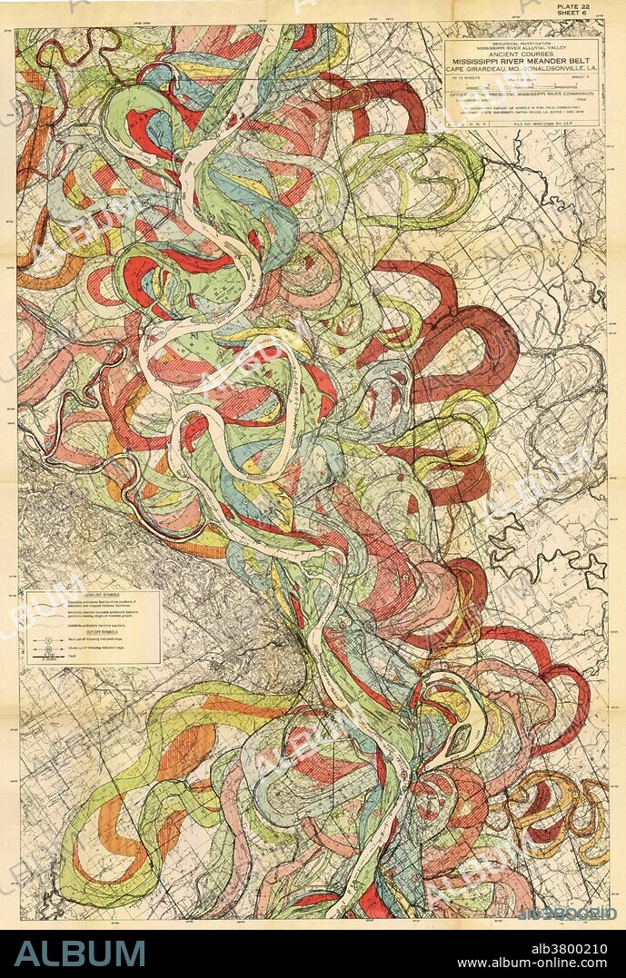 Ancient courses of the Mississippi River Meander Belt, from Cape Girardeau, MO to Donaldsonville LA. Created by Harold Fisk and published by the Army Corp as part of a geological investigation into the Mississippi River Alluvial Valley, 1944.
