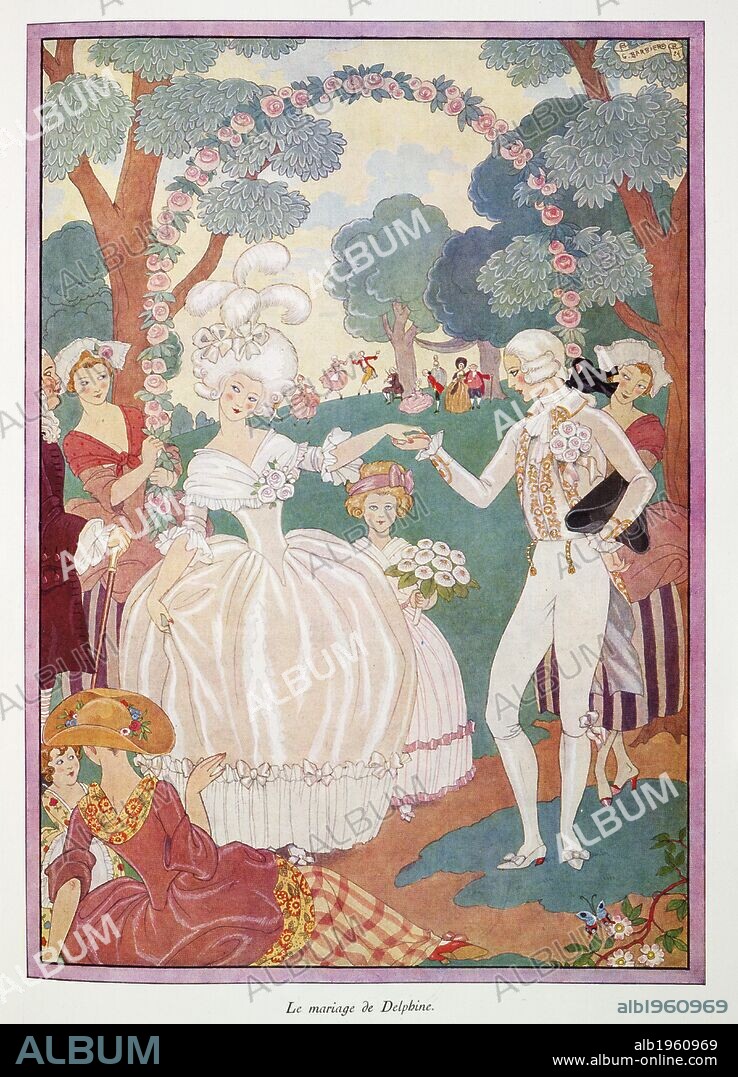 GEORGE BARBIER. Le mariage de Delphine. A man and woman just married. . L'Illustration. Dec-24. Colour illustration. Source: L'Illustration Noel (Christmas edition), page 25. Language: French.