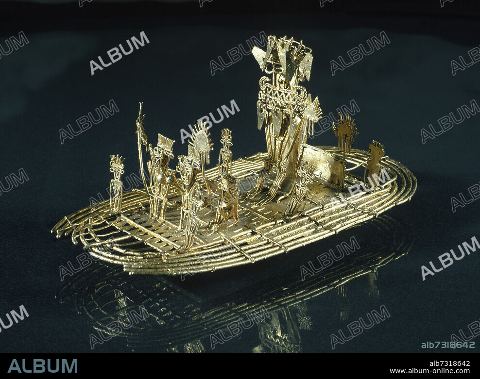 Colombie - Culture MUISCA : La cérémonie de l' El Dorado sur son "Balsa", Radeau cérémonie du lac Guatavita. (Longeur 19,5 cm - Largeur 10,1 cm. Coulage a la cire perdue. Pasca : Mobilier funéraire en or d'époque pré-hispanique ) XVe siècle. Collection du Musée de l' Or à Bogota.