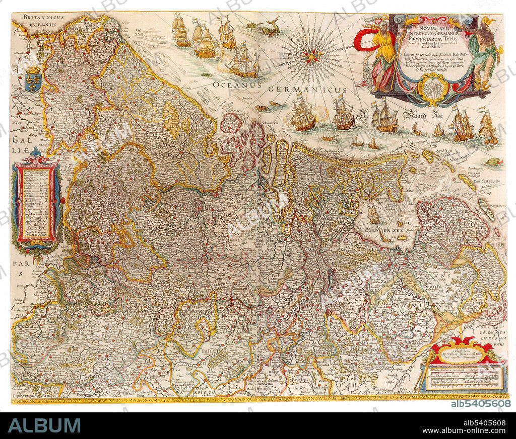 The Netherlands is a country located mainly in Northwestern Europe. Together with three island territories in the Caribbean (Bonaire, Sint Eustatius and Saba), it forms a constituent country of the Kingdom of the Netherlands. The European portion of the Netherlands consists of twelve provinces and borders Germany to the east, Belgium to the south, and the North Sea to the northwest, sharing maritime borders in the North Sea with Belgium, the United Kingdom, and Germany. Joan Blaeu (1596-1673) was a Dutch cartographer, the son of cartographer Willem Blaeu. In 1635 they published the Atlas Novus (full title: Theatrum orbis terrarum, sive, Atlas novus) in two volumes. The Atlas Maior is the final version of Joan Blaeu's atlas, published in Amsterdam between 1662 and 1672, in Latin, French, Dutch, German and Spanish, containing 594 maps and around 3,000 pages of text. The Blaeu maps emphasized fine art and colours, being the most expensive of the time.