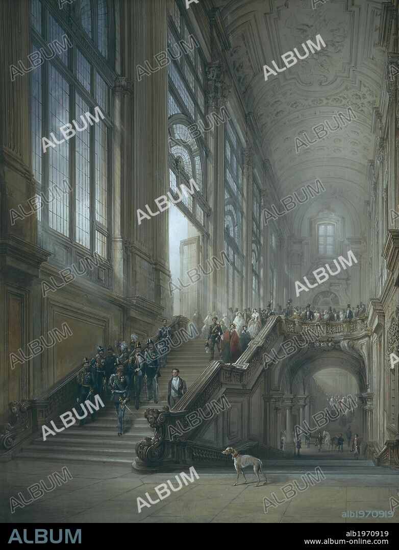 King Victor Emmanuel II, Cavour, the ministers and the court descending the staircase of Palazzo Madama in Turin after the inauguration of the fifth subalpine term, December 19, 1853, by Carlo Bossoli (1815-1884), gouache on paper. Unification era, Italy, 19th century.
