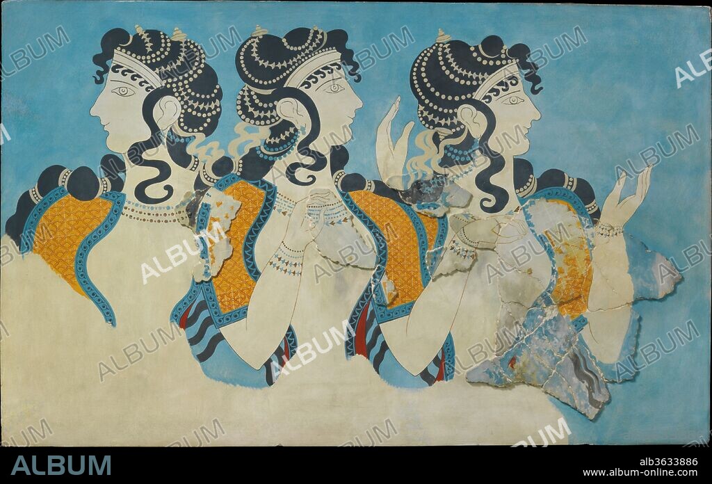 Reproduction of the "Ladies in Blue" fresco. Culture: Minoan. Dimensions: Overall: 61 1/2 x 40 in. (156.2 x 101.6 cm). Date: ca. 1525-1450 B.C..
Excavated before 1914 near Royal Magazines, Knossos.
This group of three women was originally restored by E. Gillieron, pere on the basis of other fragments of frescos from Knossos, mostly of a much smaller scale.  It has been shown that details of the facial outline of the "Cup-bearer" fresco, a reproduction of which is displayed in the exhibition, supplied the model for the faces of the "Ladies in Blue", which are not preserved at all.
This copy reproduces the few fragments of burnt and abraded original fresco, represented as slightly offset from the restoration, and shows the extent to which the Gillierons recreated the scene.  Extensive restorations like this one led the writer Evelyn Waugh after a visit to the Archaeological  Museum in Herakleion in 1929 to state it is not easy to judge the merits of Minoan painting "since only a few square inches of the vast area exposed to our consideration are earlier than the last twenty years, and it is impossible to disregard the suspicion that their painters have tempered their zeal for accurate reconstruction with a somewhat inappropriate prediliction for the covers of Vogue."
The original is in the Archaeological Museum of Herakleion, Crete.