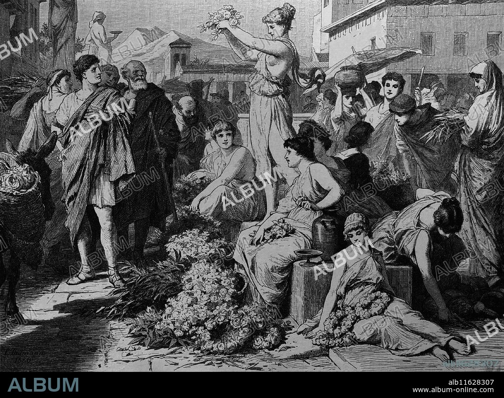 L. DUMONT. Ancient Greece. Athens. Market flowers. 700-150 BC. Engraving by Knesing. Enlighened Worl, published in Spain, 1880.
