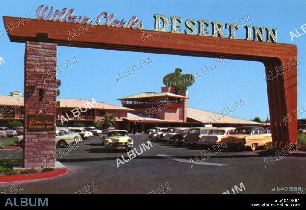 Entrance to Wilbur Clark's Desert Inn, Las Vegas, Nevada, USA, 1956. Vintage postcard showing the entrance arch and the front of the hotel. The Desert Inn neon sign rises above the rooftop. 1950s cars are parked in the lot. The Desert Inn was a hotel and casino that opened in 1950. It was the fifth casino to be built on The Strip.