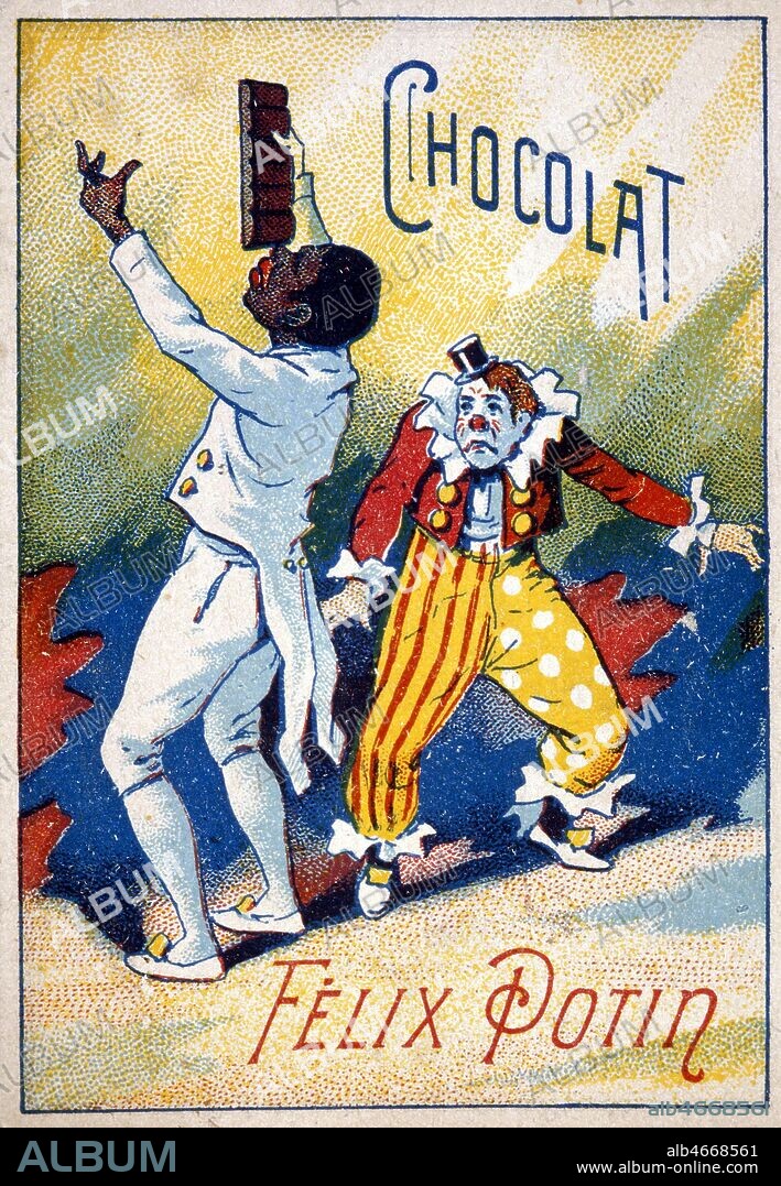 Chromo publicitaire mettant en scene les clowns FOOTIT (1864-1921) et CHOCOLAT (1868-1917). Marque Felix Potin vers 1900. Credit Collection Kharbine Tapabor.
