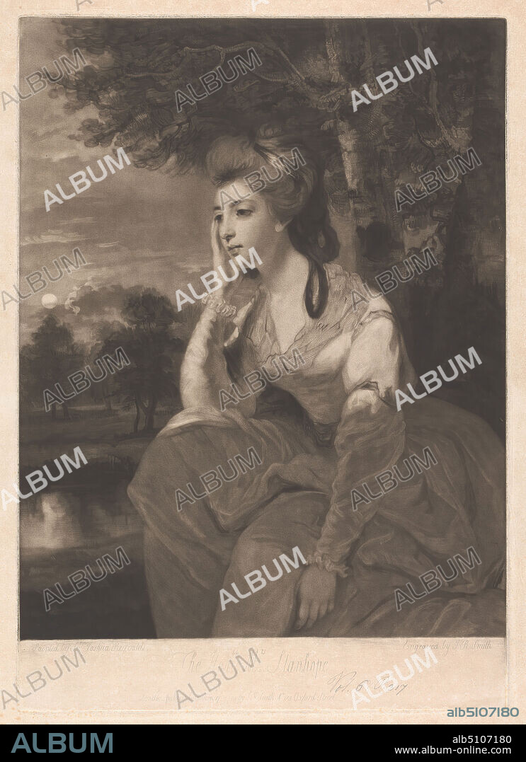 Honorable Mrs. Stanhope, John Raphael Smith, 17521812, British, after Sir Joshua Reynolds RA, 17231792, British, 1783, Mezzotint on moderately thick, moderately textured, beige, laid paper, Sheet: 21 1/4 × 15 1/2 inches (54 × 39.4 cm), Plate: 19 7/8 × 14 inches (50.5 × 35.6 cm), and Image: 17 3/4 × 13 15/16 inches (45.1 × 35.4 cm).