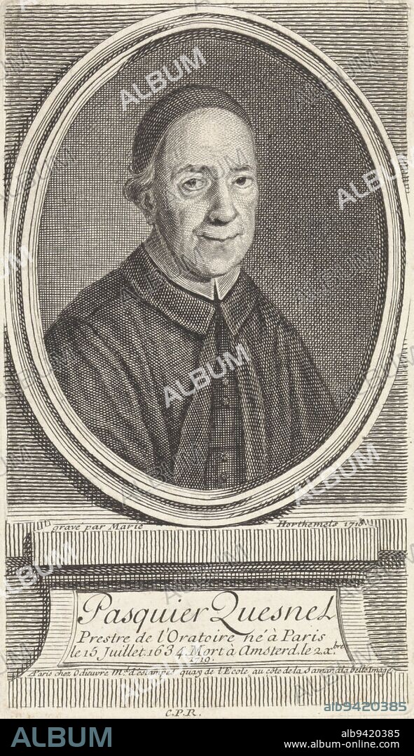Portrait of Pasquier Quesnel, Marie-Anne-Hyacinthe Hortemels, 1719 - 1727, Portrait of French theologian Pasquier Quesnel., print maker: Louise Magdeleine Horthemels, (mentioned on object), publisher: Michel Odieuvre, (mentioned on object), Paris, 1719 - 1756, paper, engraving, etching, h 140 mm × w 80 mm.