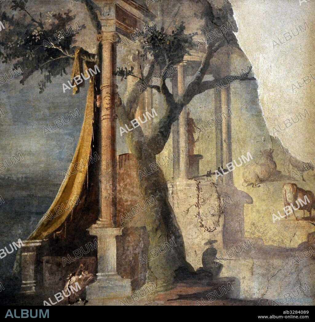 Fresco romano. Paisaje con puerta sagrada y "velum" cortina del templo de Isis de Pompeya. Procedente de la zona derecha el muro occidental del Ekklesiasterion, Templo de Isis, Pompeya. Area derecha el muro occidental. Cuarto estilo. Museo Arqueológico Nacional. Nápoles. Italia.