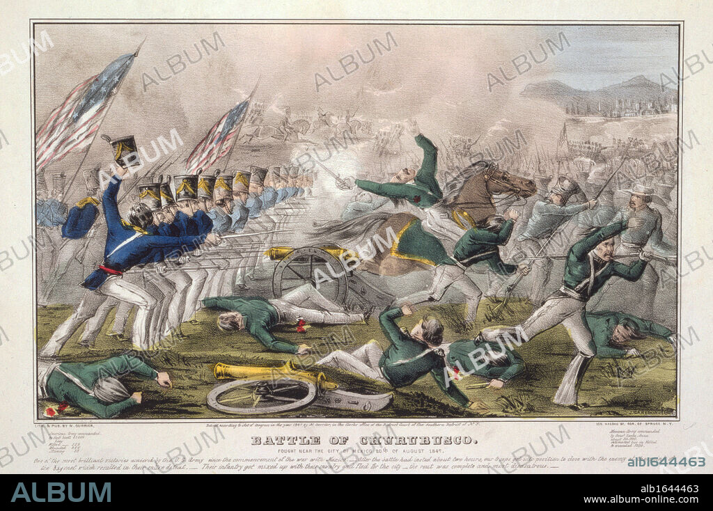 Mexican-American War 1846-1848: Battle of Churubusco, 10 August 1847, fought 5 miles from Mexico City. American infantry charging Mexican field battery. American victory. Currier & Ives print, c1846.