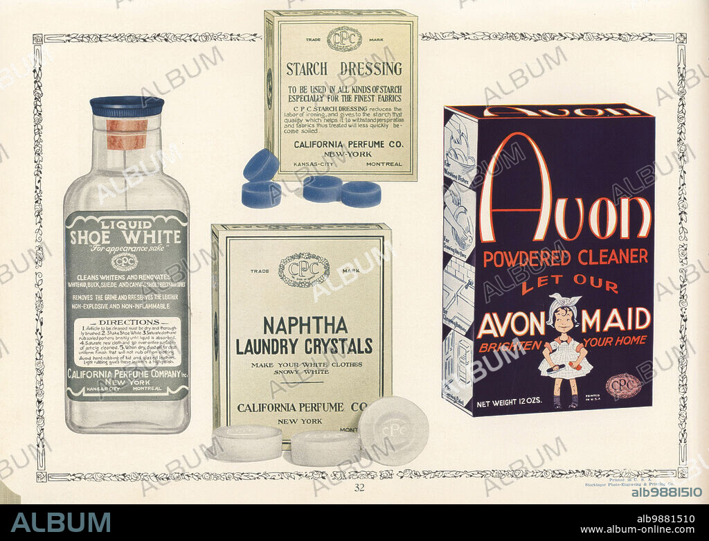 CPC brand cleaning products, 1927. Bottle of Liquid Shoe White, boxes of Starch Dressing, Naphtha Laundry Crystals and Avon Powdered Cleaner. Chromolithograph by an unknown artist from the California Perfume Company (later Avon) product catalog, New York, Kansas, Montreal, 1927.