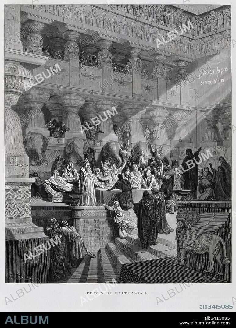 Engraving by Gustave Doré (1832-1883): Belshazzar's feast.  Belshazzar holds a great feast and drinks from the vessels that had been looted in the destruction of the First Temple. A hand appears and writes on the wall. The terrified Belshazzar calls for his wise men, but they are unable to read the writing.