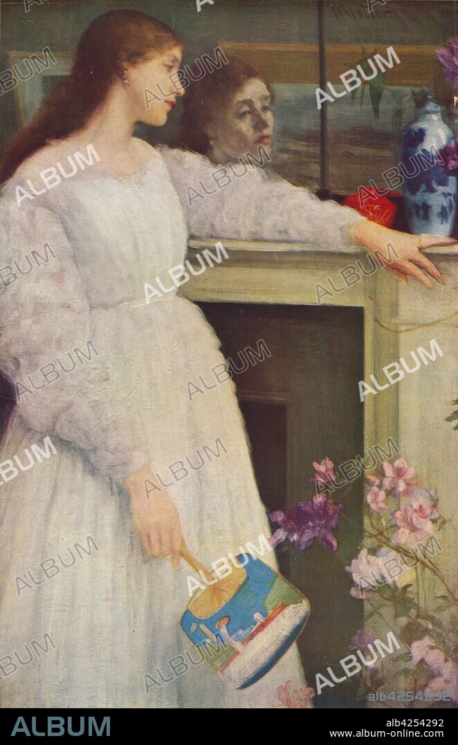 JAMES ABBOTT MCNEILL WHISTLER. 'The Little White Girl', 1864, (1935). Young woman holding a Japanese fan, wearing a wedding ring. Her reflection in the mirror looks sadder and more careworn than she appears in profile. The model was Joanna Hiffernan (c1843-after 1903), the painter's mistress. The setting is the house that they shared in Lindsey Row, Chelsea. 'Symphony in White, No. 2: The Little White Girl', painting in the Tate Gallery, London. From "Modern Masterpieces", Part 8. [George Newnes Ltd, London, 1935].