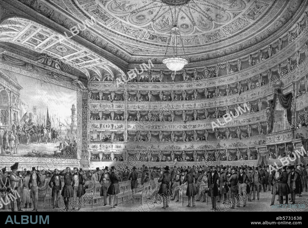 Venice (Italy), Teatro La Fenice. (1790/91 built by Giovanni Antonio Selva; after fire in 1836 restored by Giovanni Battista Meduna). Interior view of the auditorium at the reopening 20. July 1837. Lithography, contemporary, by Giovanni Pividor (died 1872). Venice, Museo Civico Correr.
