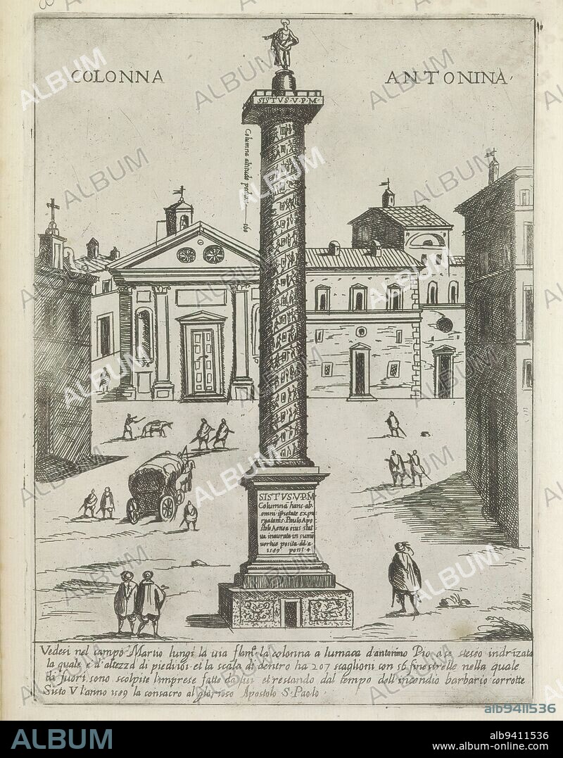 Column of Antoninus Pius at Rome, Colonna Antonina (title on object), Modern and ancient monuments and structures in Rome (series title), Ornamenti di fabriche antichi et moderni dell' alma citta di Roma (series title), View of the Field of Mars with the Column of Antoninus Pius. Text in Italian in the lower margin. The print is part of an album., print maker: Giovanni Maggi, after drawing by: Giovanni Maggi, publisher: Andrea Vaccari, print maker: Rome, after drawing by: Rome, publisher: Italy, Vaticaanstad, Italy, Rome, 1576 - 1618 and/or 1600, paper, etching, height 215 mm × width 156 mm.