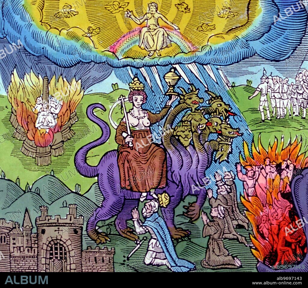 Monsters. The seven-headed dragon of Revelation, with images of the supposed end of the World. Mid-nineteenth century reprint of 17th century pamphlet, from L. Jewitt, 'Art Among the Ballad Mongers'.