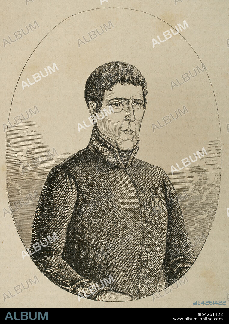 Pedro Mártir de Veciana y de Miró (Pere Màrtir de Veciana i de Miró) (Valls, 1771-Tarragona, 1836). Fourth commander of the Squadrons of Catalonia (Esquadres de Catalunya), from 10 March 1798 to 1827. Son of Felip Veciana i Dosset, whom he succeeded as commander of the Corps. During the Peninsular War he fought against Napoleon, but at the end of the war he put himself at the service of absolutism, serving as a brigadier in the army of Ferdinand VII. Portrait. Engraving. Historia de las Escuadras de Cataluña, 1876.