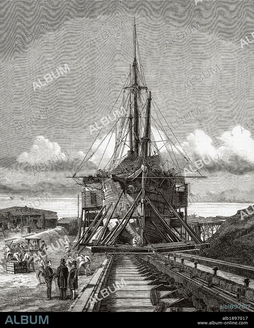 HISTORIA DE LA NAVEGACION. "EL VARADERO DE BARCELONA". Grabado de "La Ilustración Española y Americana". Año 1872.