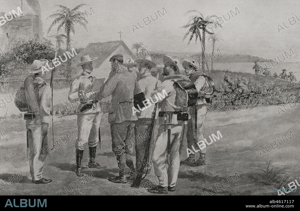 Guerra hispano-estadounidense. Conflicto bélico entre España y Estados Unidos en 1898, resultado de la intervención norteamericana en la guerra de independencia cubana. Cuba. Captura de dos redactores corresponsales del periódico norteamericano "World", en la Playa del Salado (al oeste de La Habana). Ilustración por M. Alcázar. Fotograbado por Laporta. La Ilustración Española y Americana, 1898.