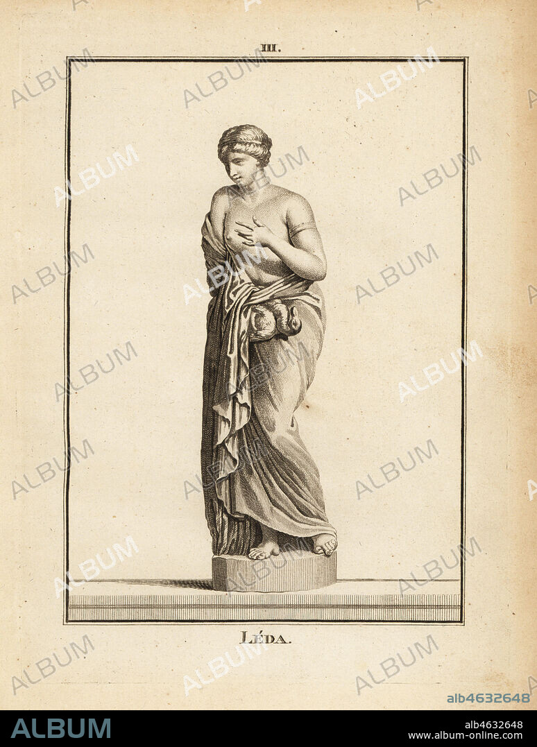 Statue of Leda, Aetolian princess later Queen of Sparta, seduced by Zeus in the form of a swan. Copperplate engraving by Francois-Anne David from Museum de Florence, ou Collection des Pierres Gravees, Statues, Medailles, Chez F.A. David, Paris, 1787. David (1741-1824) drew and engraved the illustrations based on Roman statues, engraved stones and medals in the collection of the Museum de Florence and the cabinet of curiosities of the Grand Duke of Tuscany.