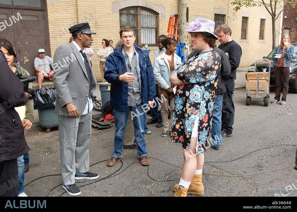 JACK BLACK, MICHEL GONDRY y MOS DEF en REBOBINE, POR FAVOR, 2008 (BE KIND REWIND), dirigida por MICHEL GONDRY. Copyright PARTIZAN.