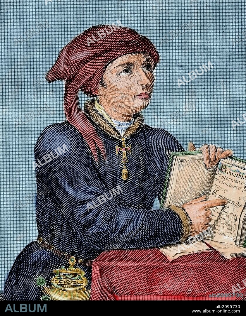 Don Inigo Lopez de Mendoza y de la Vega, Marquis of Santillana (1398-1458). Castilian politician and poet. Engraving, 18th century. Colored.