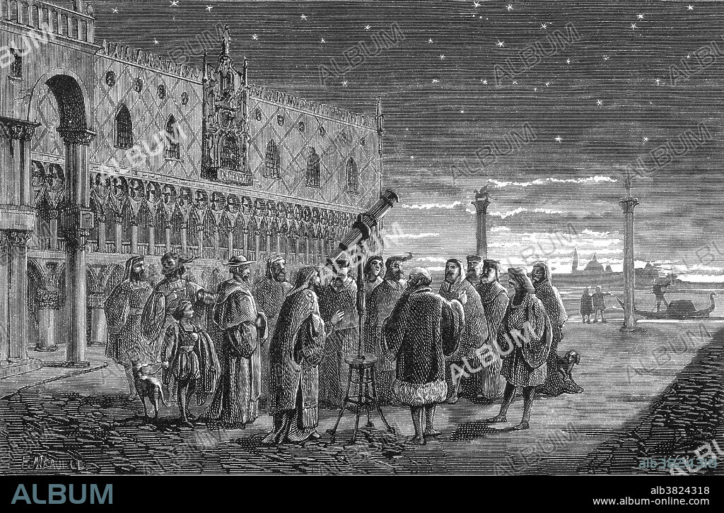 Galileo demonstrating his telescope, 1609. Galileo Galilei (February 15, 1564 - January 8, 1642) was an Italian physicist, mathematician, astronomer, and philosopher who played a major role in the Scientific Revolution. His achievements include improvements to the telescope, important astronomical observations and support for Copernicanism. Galileo has been called the "father of modern observational astronomy", the "father of modern physics", the "father of science", and "the Father of Modern Science". In 1610 he became the first person to use a telescope to make astronomical observations. He discovered the mountains on the Moon, the four largest moons of Jupiter and numerous dim stars. He studied the motion of a pendulum and found that the swings have a constant time period. He studied gravity, showing that heavy and light objects fall at the same rate. He supported the Copernican theory that the Sun was at the center of the solar system rather than the Earth. This belief was judged heretical by the Inquisition in 1633 and he was sentenced to house arrest for the rest of his life. Suffering fever and heart palpitations, he died in 1642, at the age of 77.