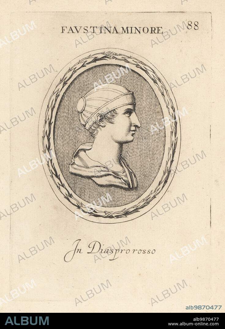 Bust of Annia Galeria Faustina the Younger, c.130 176 AD, Roman empress as the wife of Emperor Marcus Aurelius. In red jasper. Faustina Minore. In diaspro rosso. Copperplate engraving by Giovanni Battista Galestruzzi after Leonardo Agostini from Gemmae et Sculpturae Antiquae Depicti ab Leonardo Augustino Senesi, Abraham Blooteling, Amsterdam, 1685.
