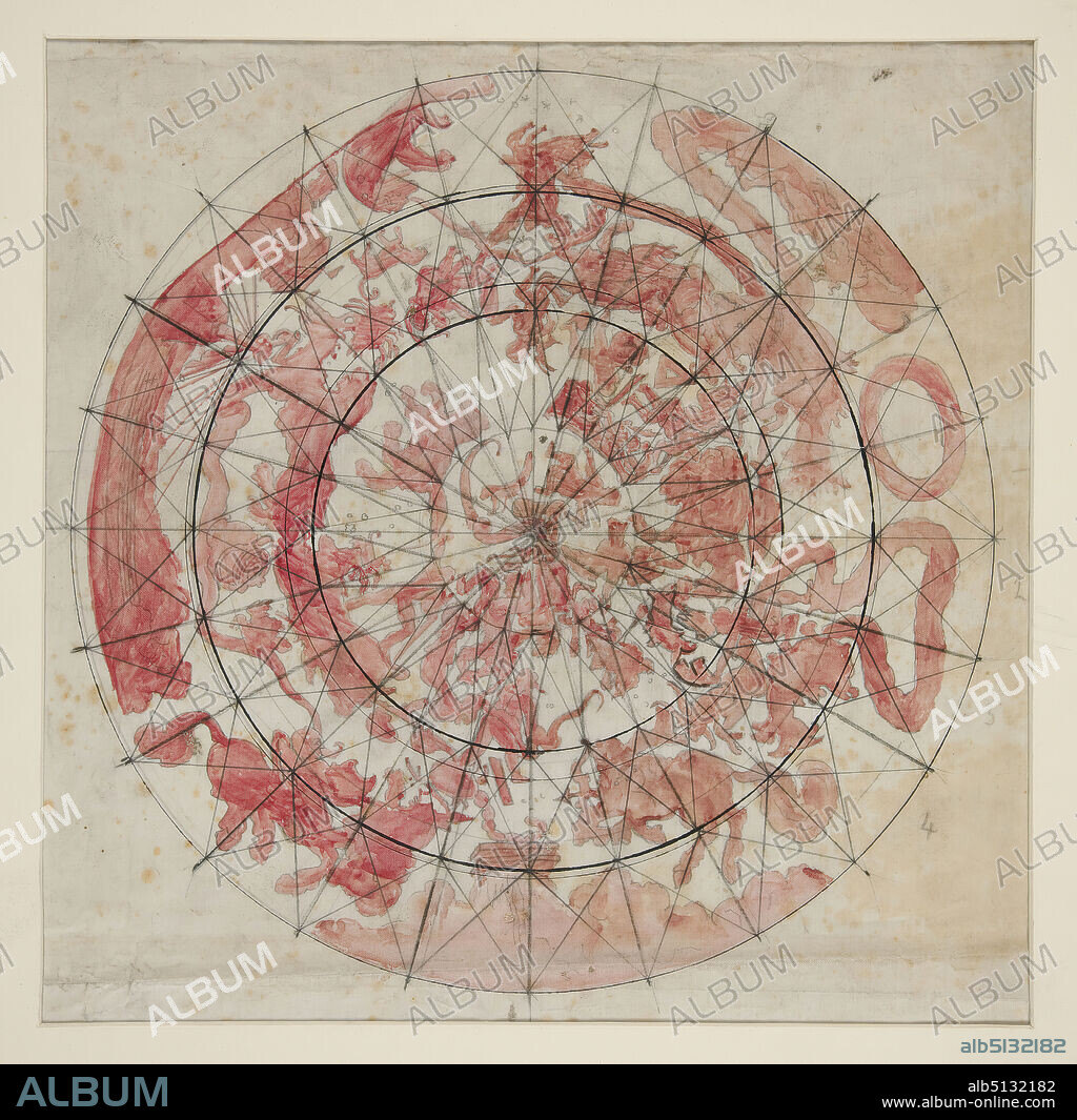 Artist: Edwin Austin Abbey, American, 18521911, M.A., 1897, Composition study with zodiac figures for The Hours ceiling mural, House Chamber, Pennsylvania State Capitol at Harrisburg, Graphite, black chalk, red watercolor on vellum, 35.6 × 33.4 cm (14 × 13 1/8 in.), Made in United States, American, 19th century, Works on Paper - Drawings and Watercolors.