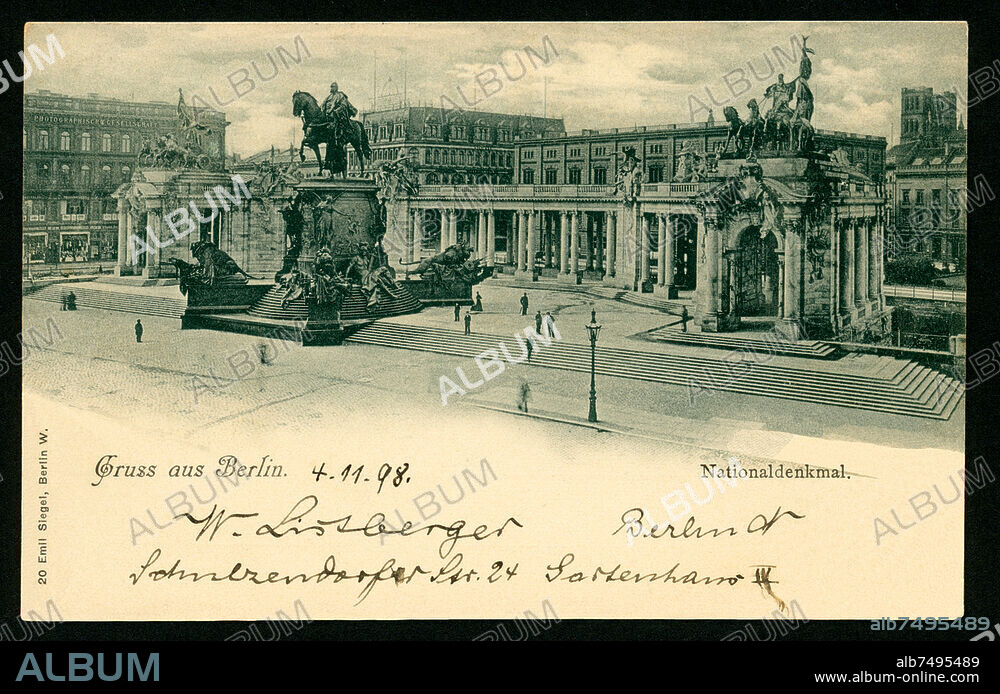 Europe, Germany, Berlin, National Kaiser Wilhelm Monument, postcard, sent 04. 11. 1898 , publishing house Emil Siegel , Berlin W.