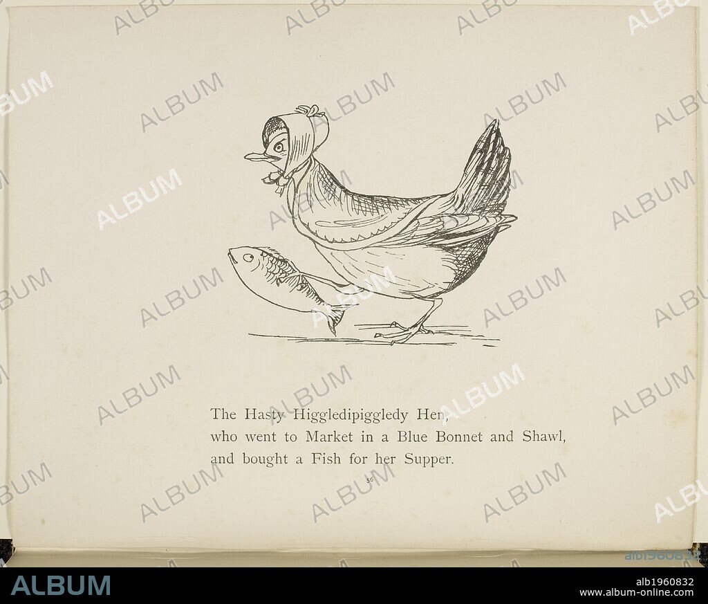 Hen wearing bonnet Illustration and verse from Nonsense Botany Animals and other poems written and drawn by Edward Lear. Nonsense Botany, and Nonsense Alphabets, Fifth edition. Frederick Warne & Co.: London & New York, 1889. Source: Cup.400.a.42 56. Language: English.
