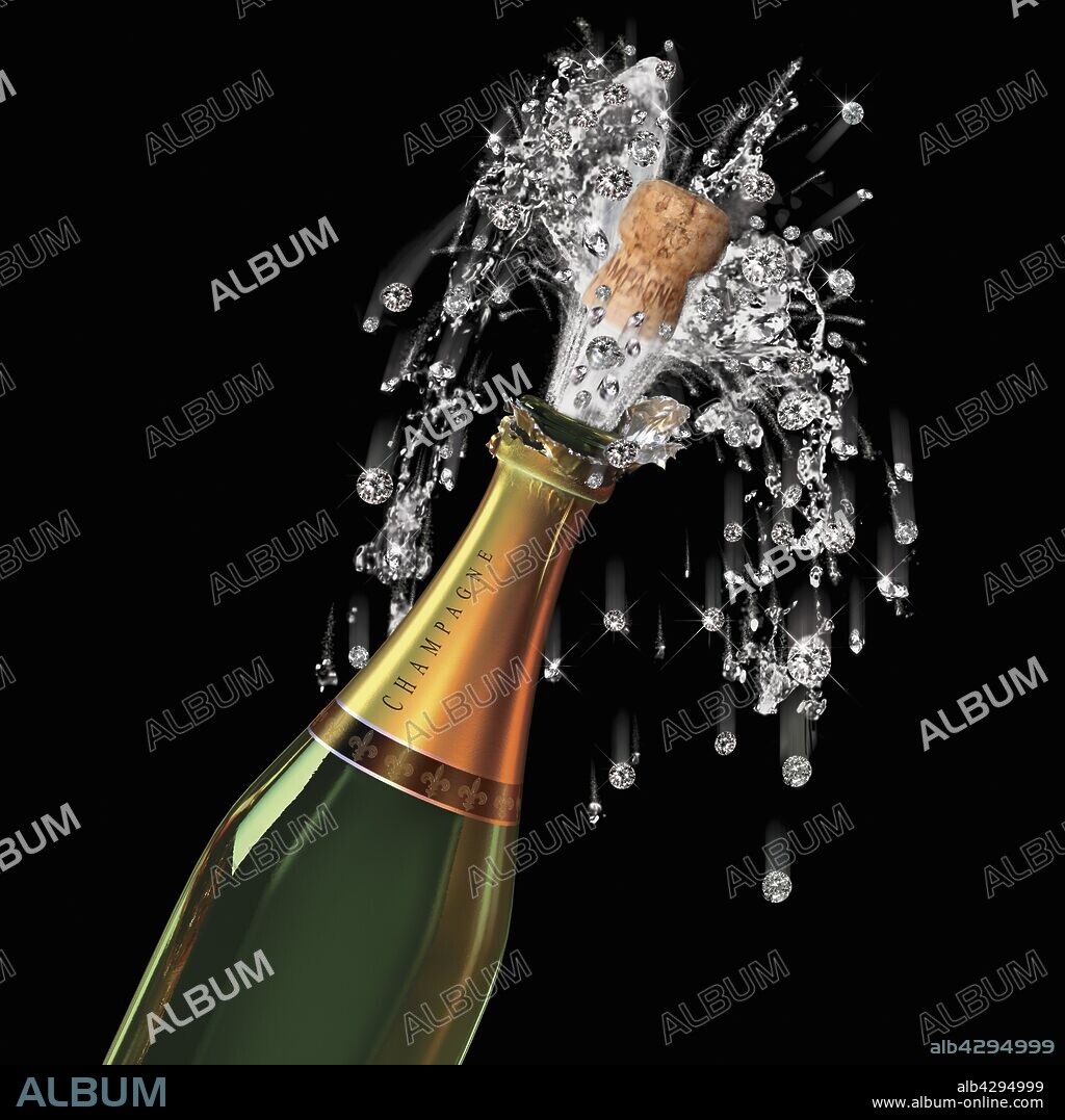 Diamonds spraying from opening champagne bottle.