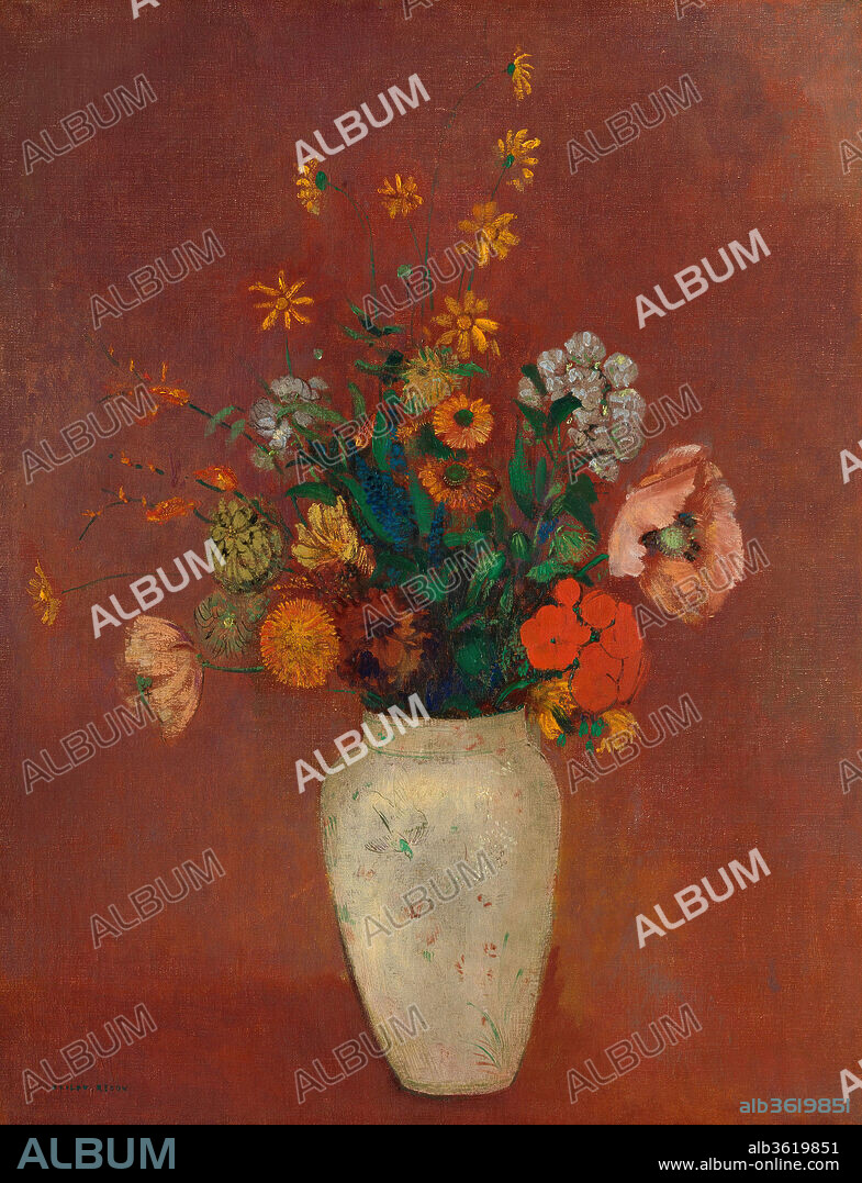 Bouquet in a Chinese Vase. Artist: Odilon Redon (French, Bordeaux 1840-1916 Paris). Dimensions: 25 1/2 x 19 5/8 in. (64.8 x 49.8 cm). Date: ca. 1912-14.

Redon owned a variety of vases, which his wife, Camille, used in arranging the bouquets that formed the subject of his late still-life paintings. The delicately patterned white vessel depicted in this work appears in several other pictures, including The Met's <i>Vase of Flowers (Pink Background) </i> of about 1906 (59.16.3).
