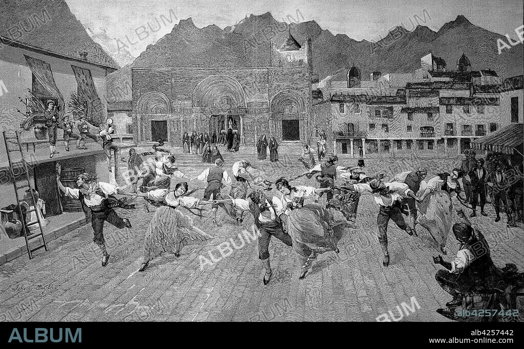 The farandole is an open-chain community dance popular in Provence, reproduction of an image published 1880, France, Europe.
