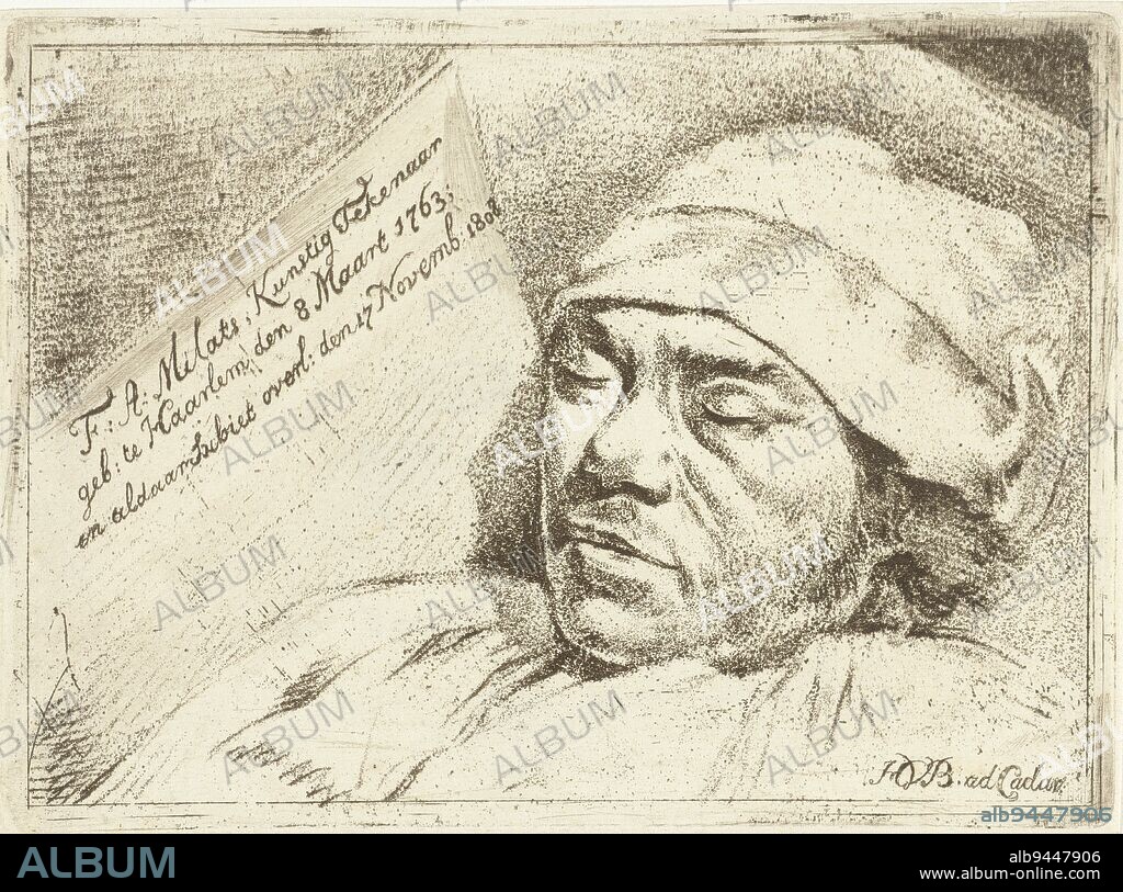 Portrait of the painter Francis Andreas Milatz on his deathbed, print maker: Hermanus van Brussel, Hermanus van Brussel, Netherlands, c. 1808 - 1810, paper, h 113 mm × w 154 mm.