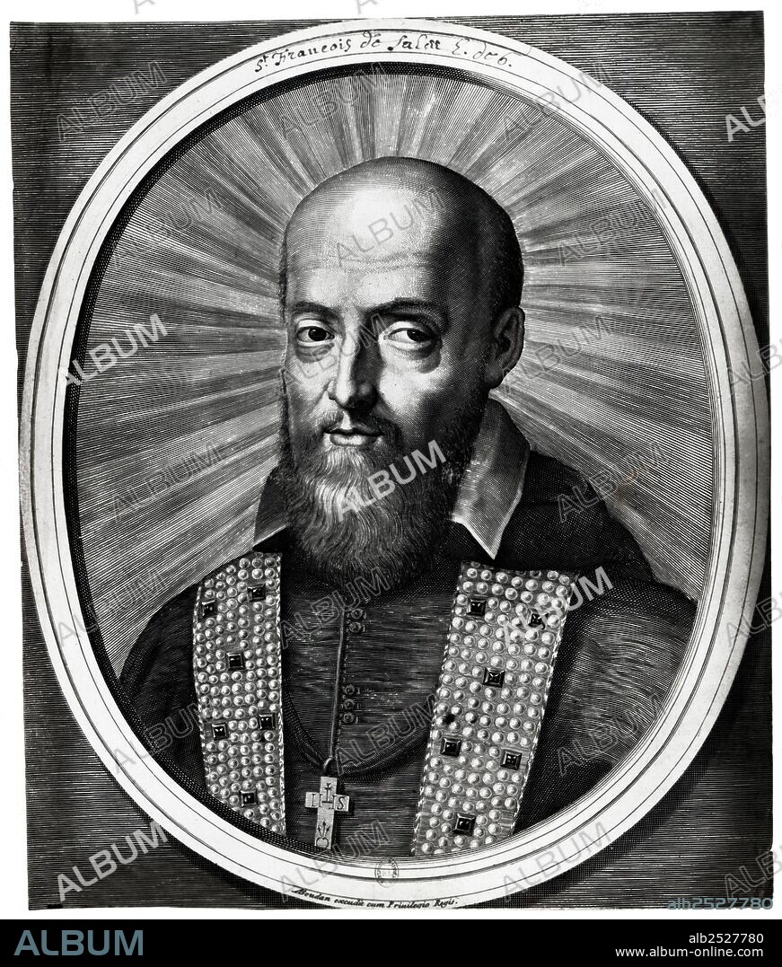 San Francisco de Sales (1567-1622), obispo de Ginebra, doctor de la Iglesia y patrono de la familia Salesiana. Grabado de 1880.