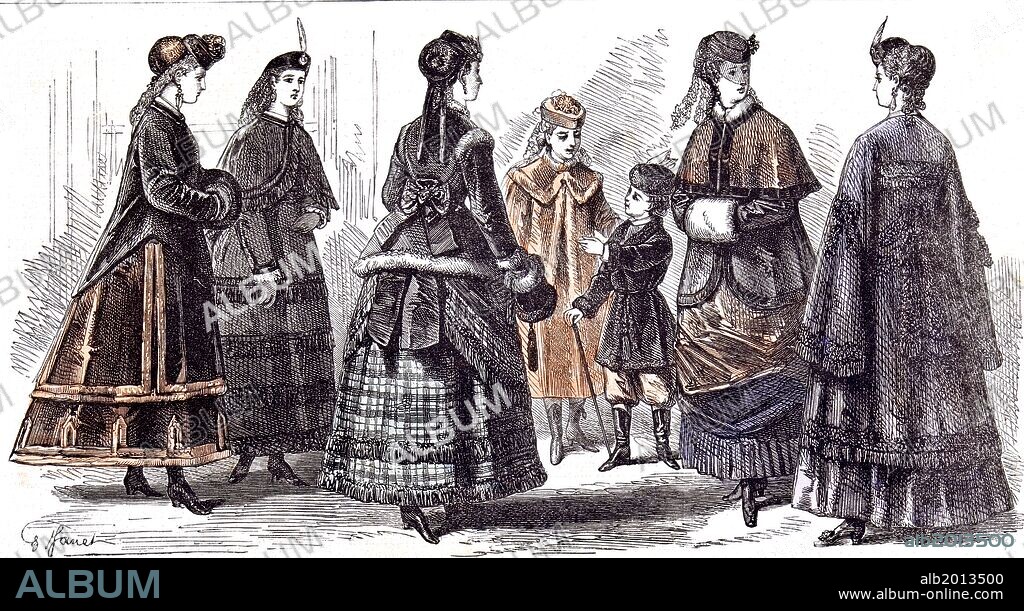 Paris Fasions For February; 1869; Janet; Child;, gathering; skirts; fashion; muff; walking stick; veil; overcoat; fur coat; ribbon; bow;.