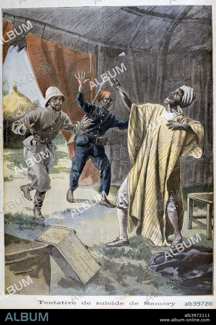 The attempted suicide of Samori Ture, 1899. Samori Ture (also Samory Touré or Samori ibn Lafiya Ture, 1830-1900) was the founder of the Wassoulou Empire, an Islamic military state that resisted French rule in West Africa from 1882 to his capture in 1898. An illustration from Le Petit Journal, 5th February 1899.