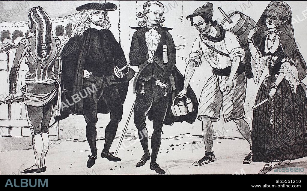 Fashion, costumes, clothing in Spain, 18th-19th century, from left, a bandillero, then an alguacil, a judge, then an abbé, then a water seller and a petty bourgeois, digitally restored reproduction of an original 19th century original