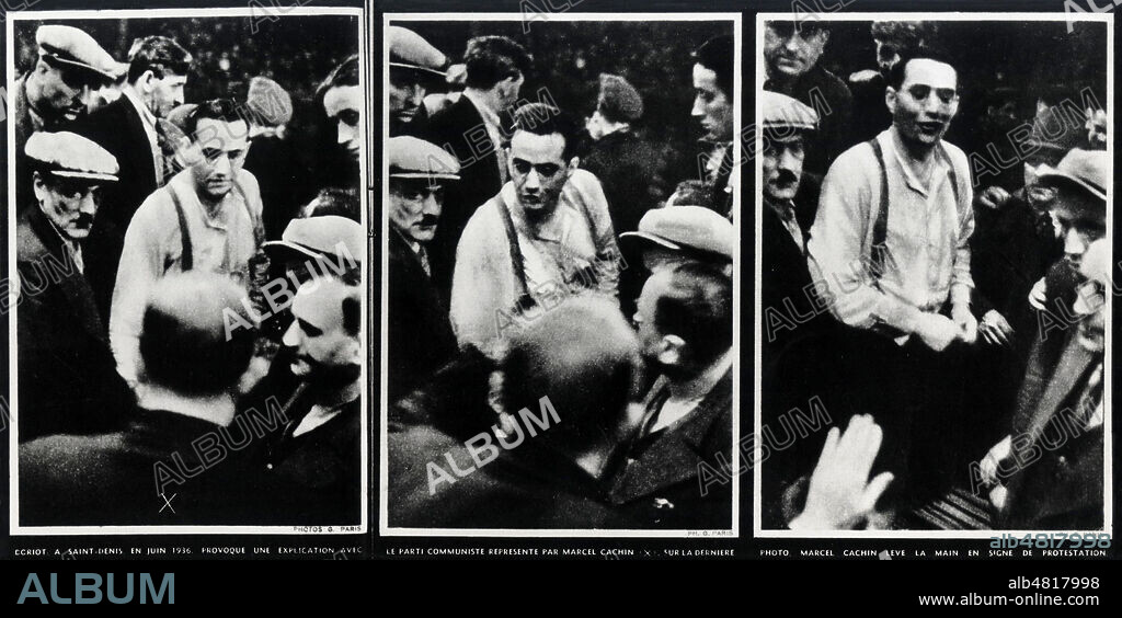 Jacques DORIOT (1898-1945) a Saint-Denis en juin 1936 provoque une explication avec le Parti Communiste represente par Marcel CACHIN (1869-1958) qui leve la main en signe de protestation. Reportage par G. Credit : Collection Kharbine-Tapabor.