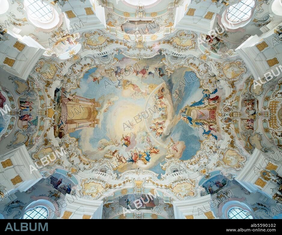 Wies près de Steingaden (Haute-Bavière), Die Wies - église du "Christ flagellé", lieu de pèlerinage (constr. 1745-54 ; arch. : Dominikus Zimmermann) plafond de la nef. "Le Jugement Dernier se préparant". Fresques de Johann Baptist Zimmermann (1680-1758).